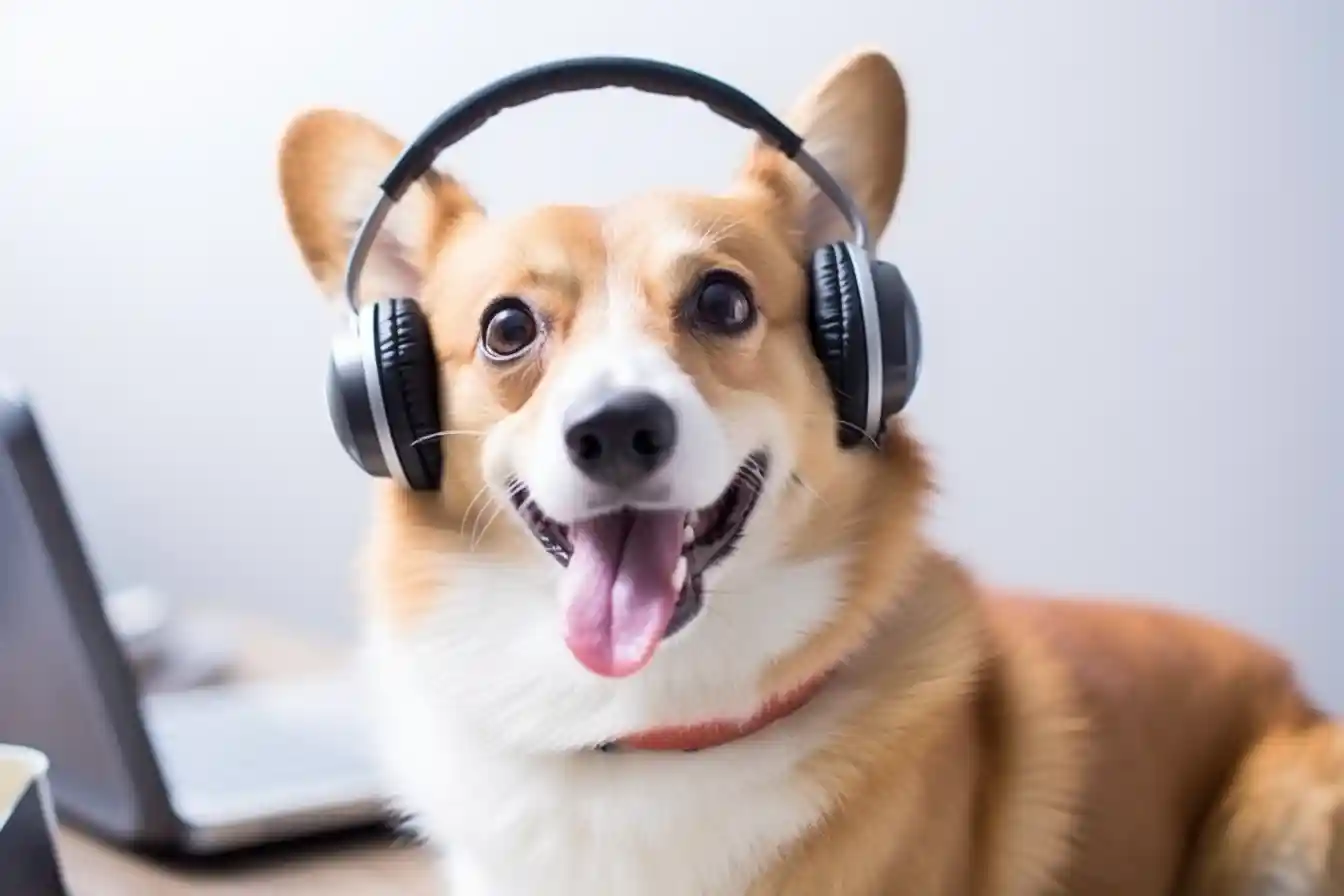 Fröhlicher Hund mit Headset